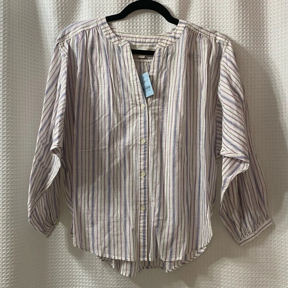 NWT LOFT Petite Striped Balloon Sleeve Woven Top - Picture 1 of 6